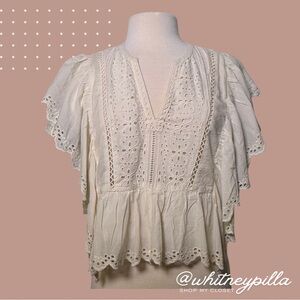 American Eagle Top Cream Eyelet Peplum Flutter Sleeve Crop Blouse Women’s small